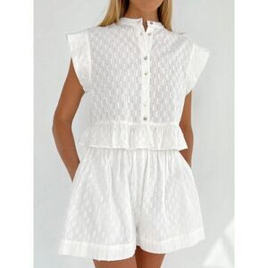 Commense White Textured Summer Button-Up Ruffled Short Sleeve Cotton Shorts Set